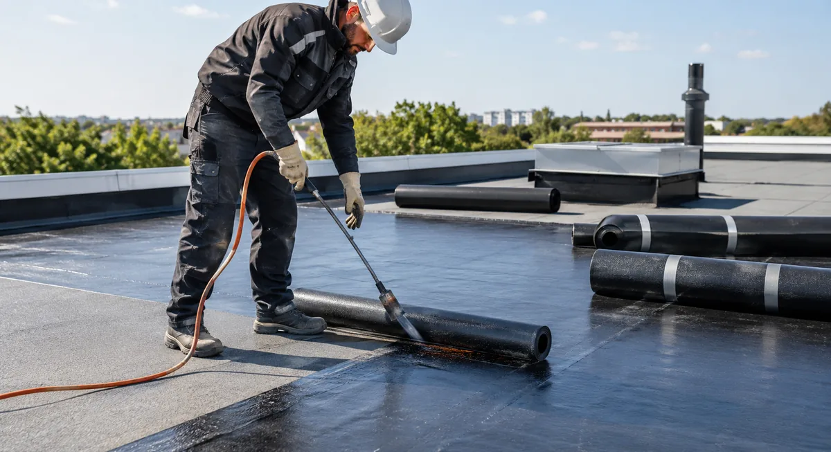 Étancheur posant une membrane sur une toiture-terrasse