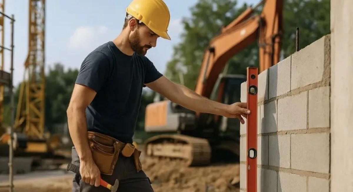 Maçon travaillant sur un mur en maçonnerie